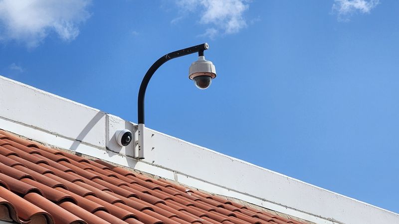 A security camera on a tiled roof