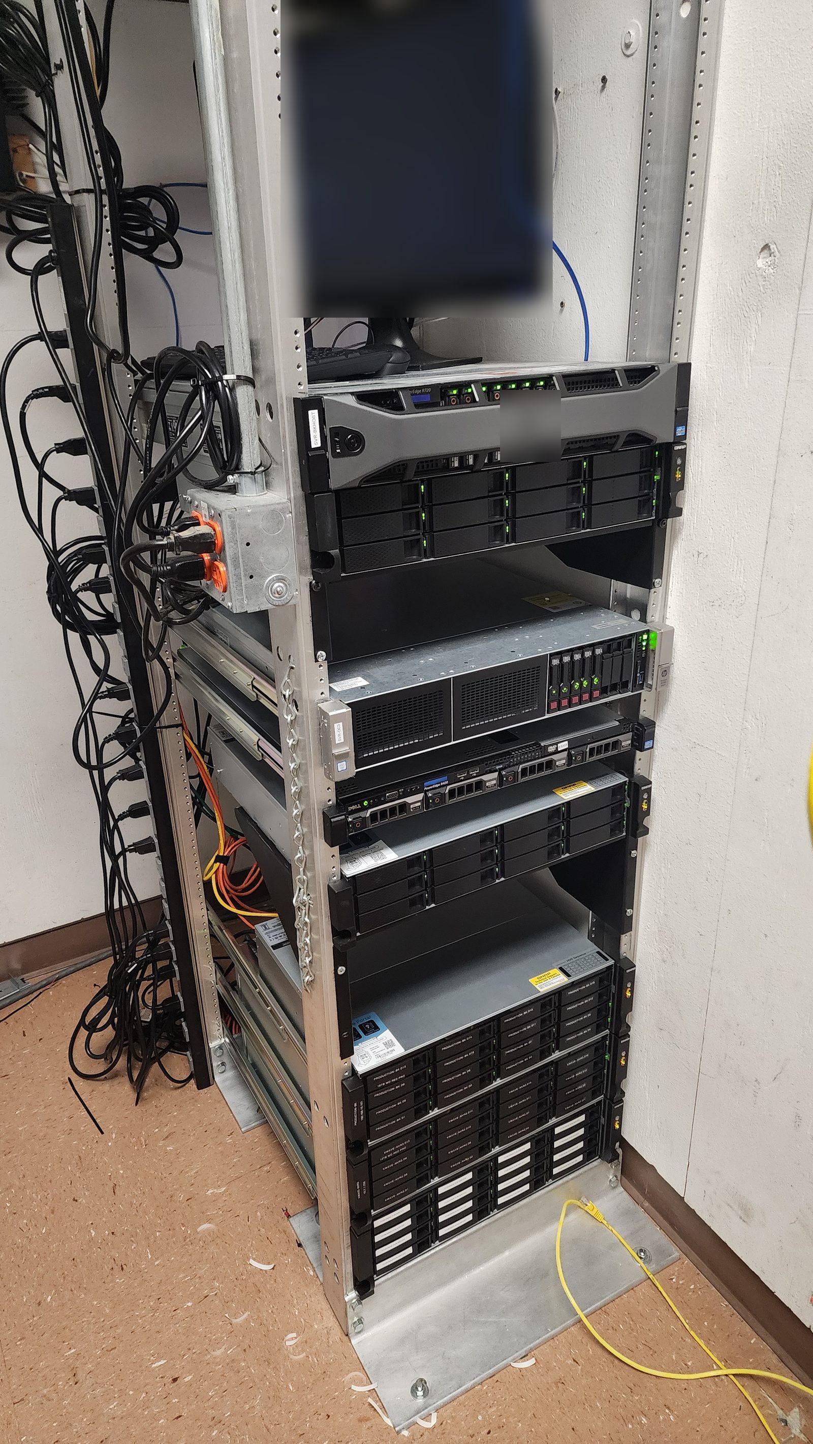 A rack of servers and storage